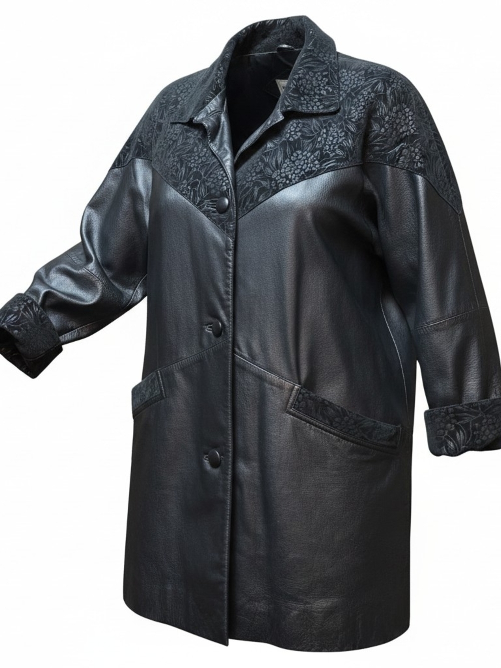 FITZ-WRIGHT‎ | Vintage 90s Black Leather Floral Embossed Trench Jacket Coat | 1X